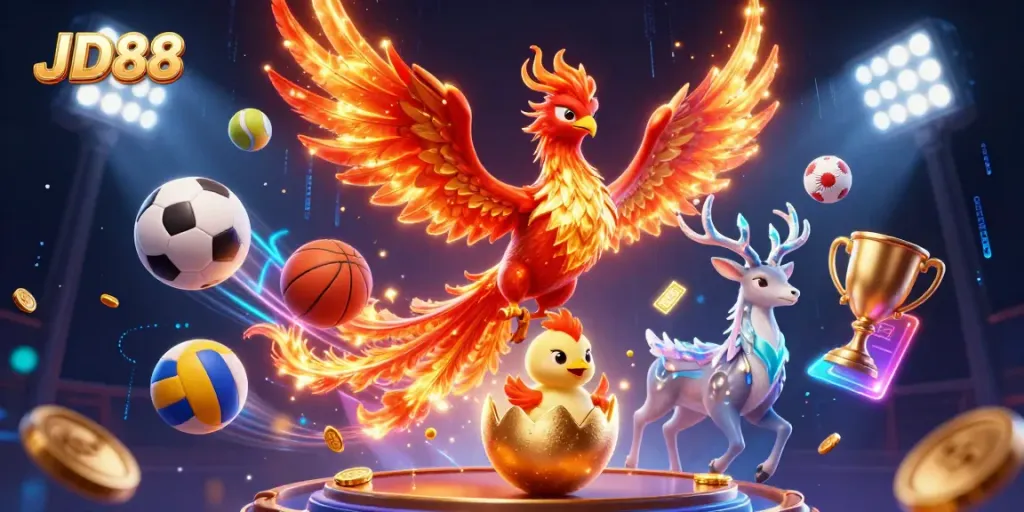 Experience the vibrant energy of JD88 with a phoenix, baby phoenix, and a stag amidst dynamic sports elements.