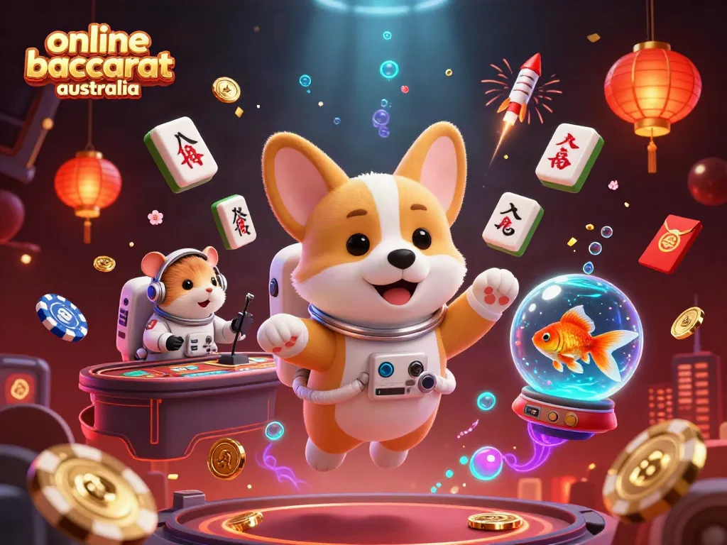 Experience the thrill of online baccarat Australia with a vibrant, floating casino scene full of animated characters.