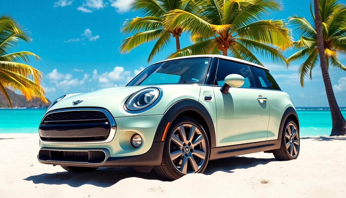 Enjoy a scenic Mini Cooper st Barts rental against a stunning beach backdrop.