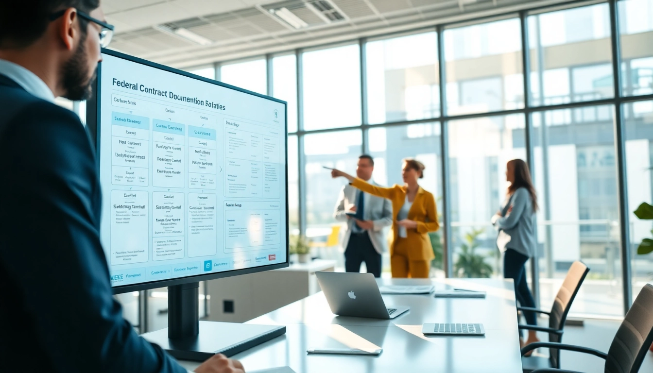 Visualizing federal contract documentation automation with a diverse team collaborating in a professional setting.