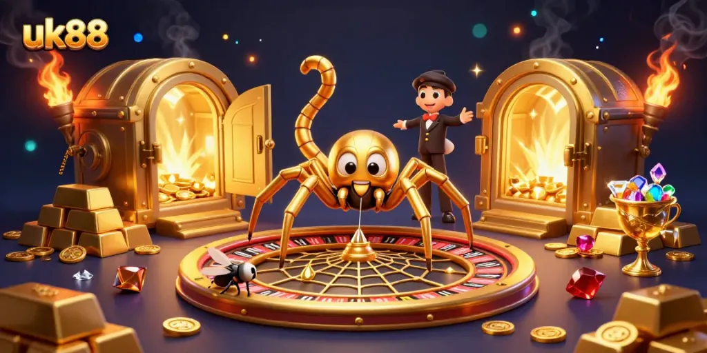The golden spider spins a roulette web at uk88, with vibrant treasures and game elements scattered around.