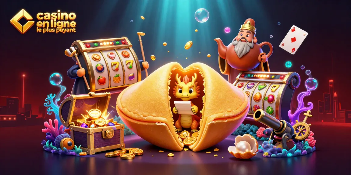 Illustration dynamique mettant en avant un casino en ligne le plus payant avec des personnages de fortune, des éléments de machine à sous et des effets lumineux.