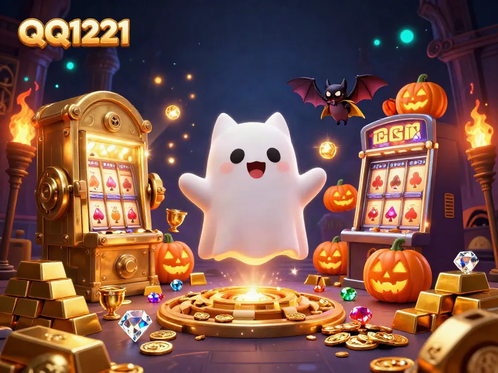 Engage with QQ1221 in a vibrant haunted casino scene featuring a ghost cat and treasures.