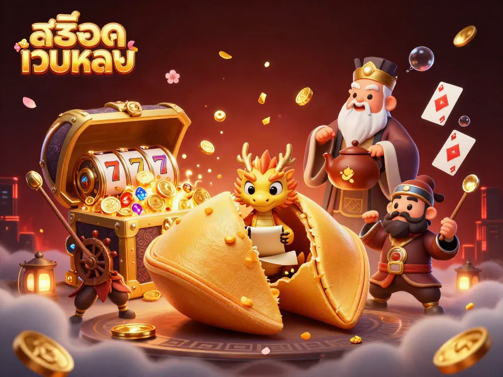 Experience thrilling สล็อตเว็บตรง action with a whimsical dragon and golden fortune cookie in the casino-themed illustration.