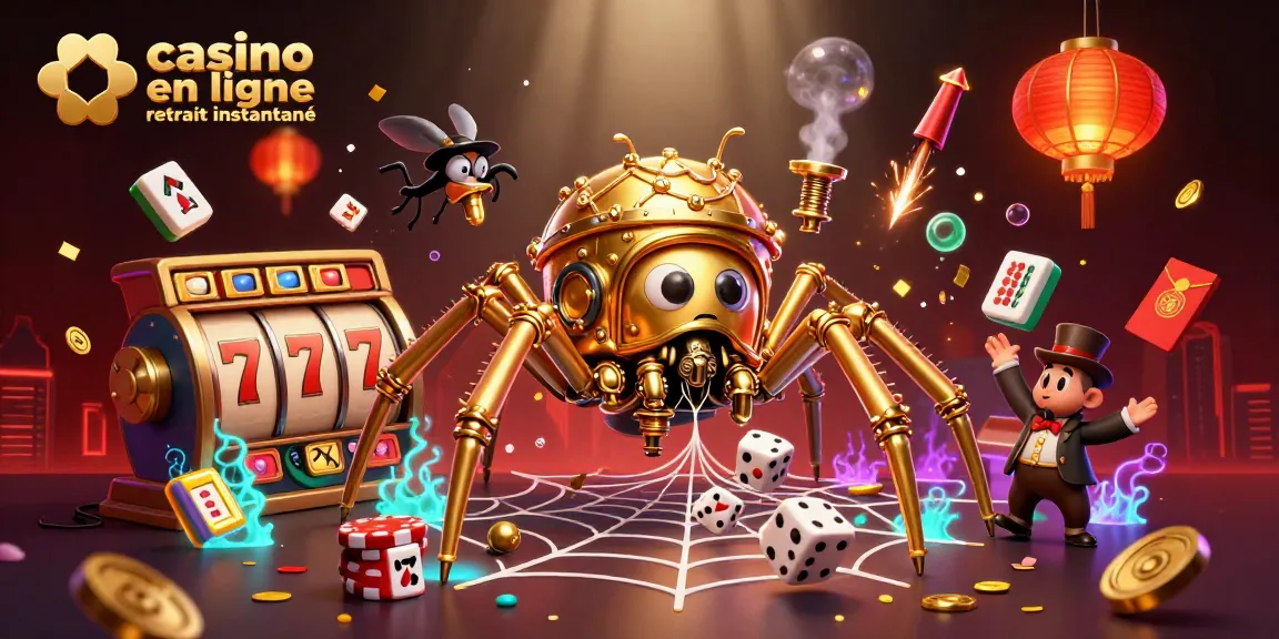 Découvrez casino en ligne retrait instantané avec une araignée steampunk piégeant des dés et des éléments de jeu riches.