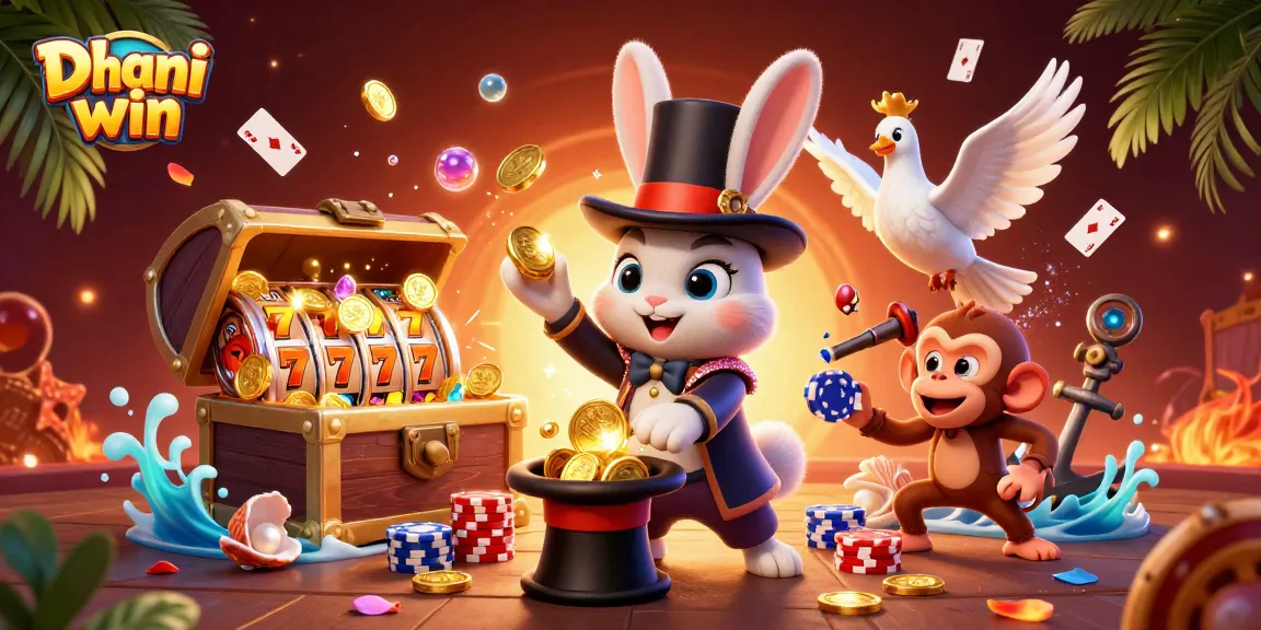 Dhani win exciting scene of a 3D rabbit magician pulling gold coins, surrounded by slot reels and colorful gems.