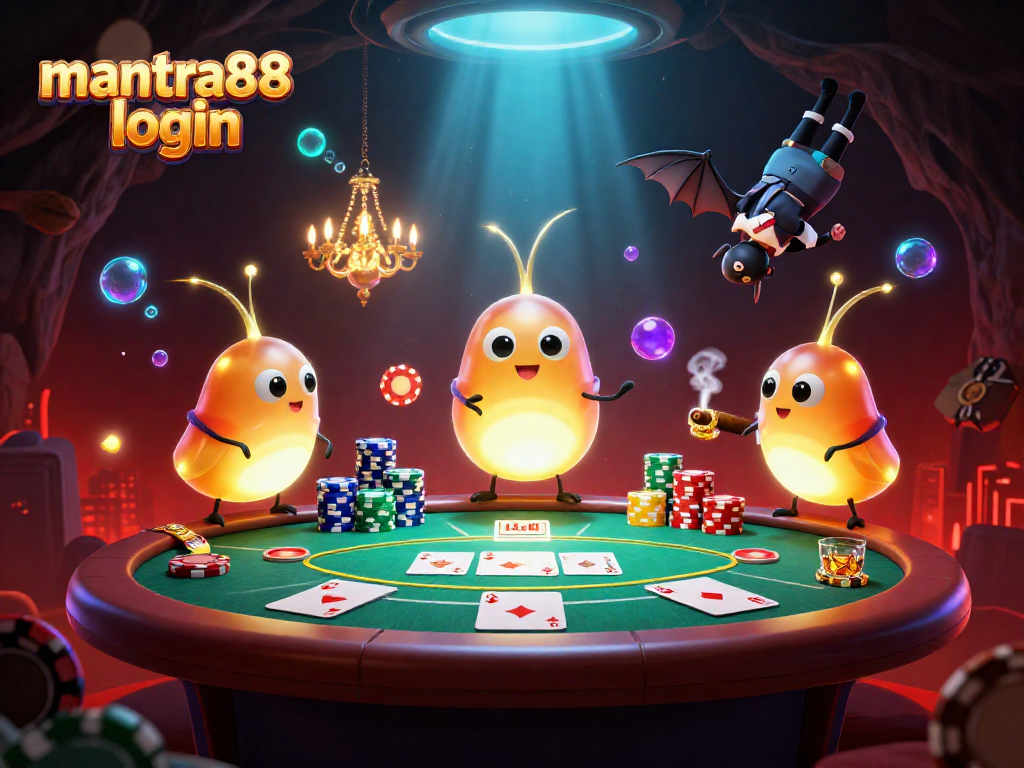Experience the thrill of mantra88 login with vibrant casino glowworms illuminating a poker scene.