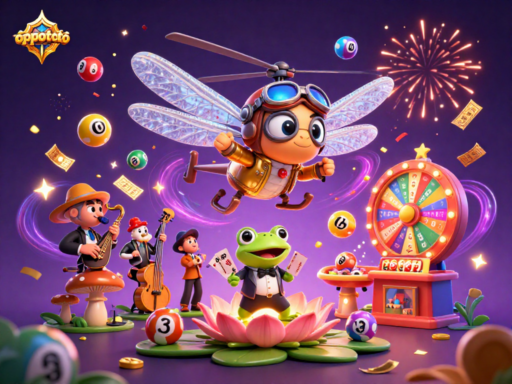 Explore oppatoto's vibrant lottery scene with dragonfly pilot, frog dealer, and jazz crickets.