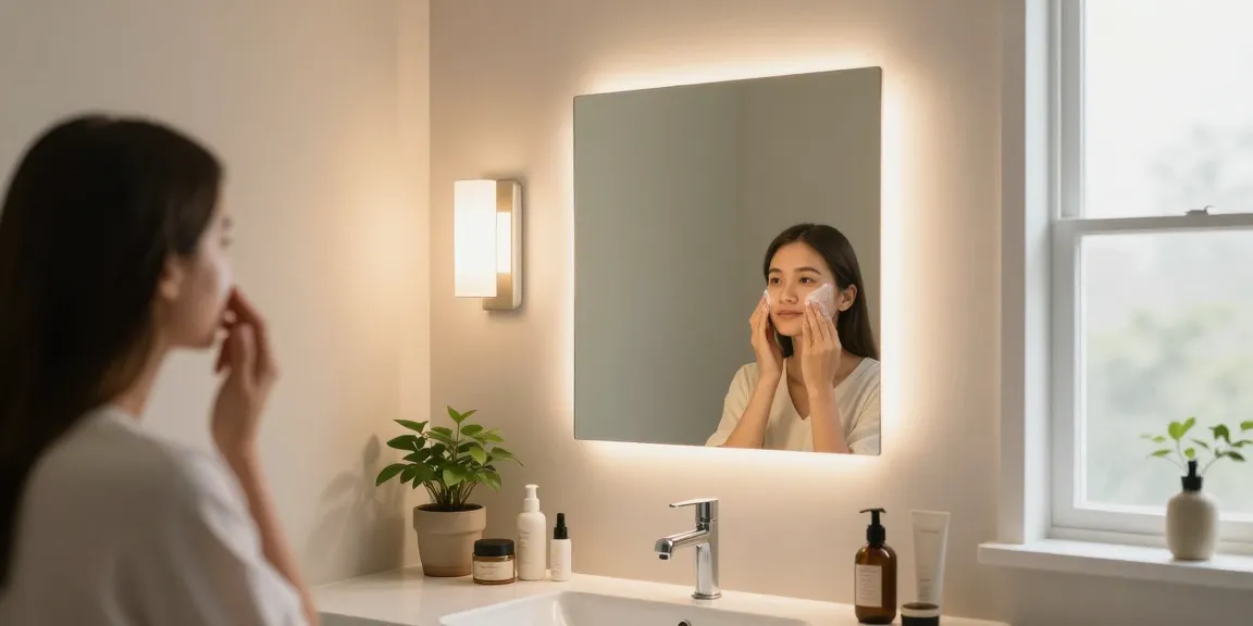 Aplica baie modernă cu iluminare caldă pe perete, perfectă pentru rutina de îngrijire.