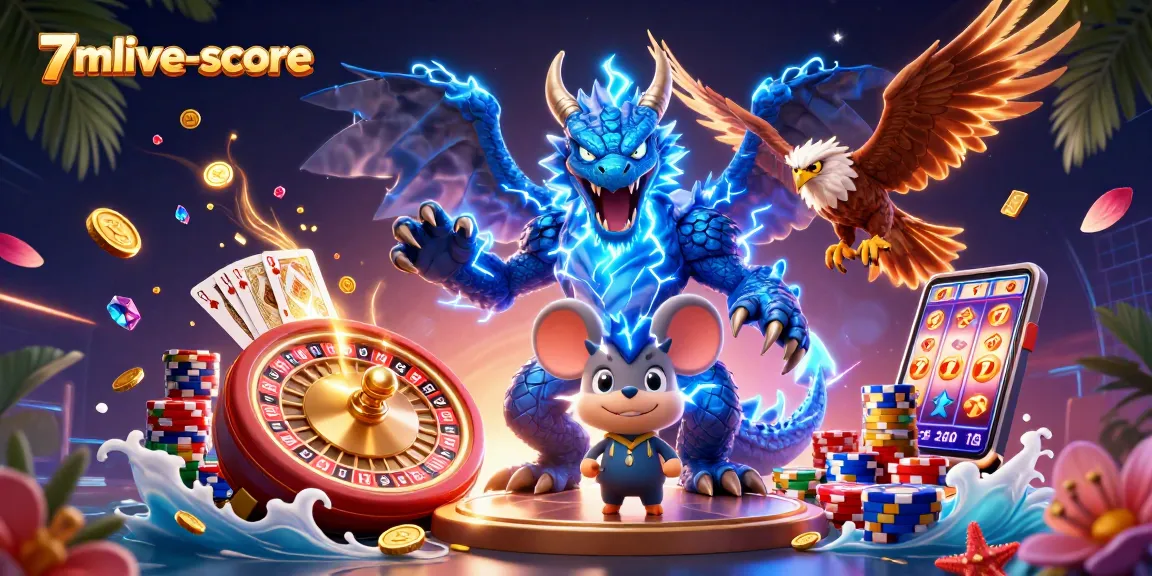 Engage in thrilling gambling excitement with dynamic 7mlive-score casino elements in a vibrant 3D scene.