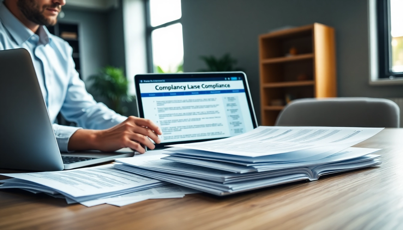 Consultant analyzing FCPA/DCAA/Flowdown/ITAR/EAR compliance documents in a modern office.