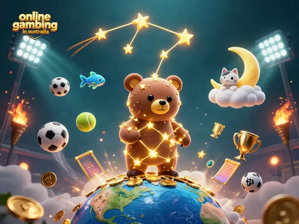Engage in online gambling in Australia with a vibrant, dynamic casino-themed 3D illustration showcasing sports elements.