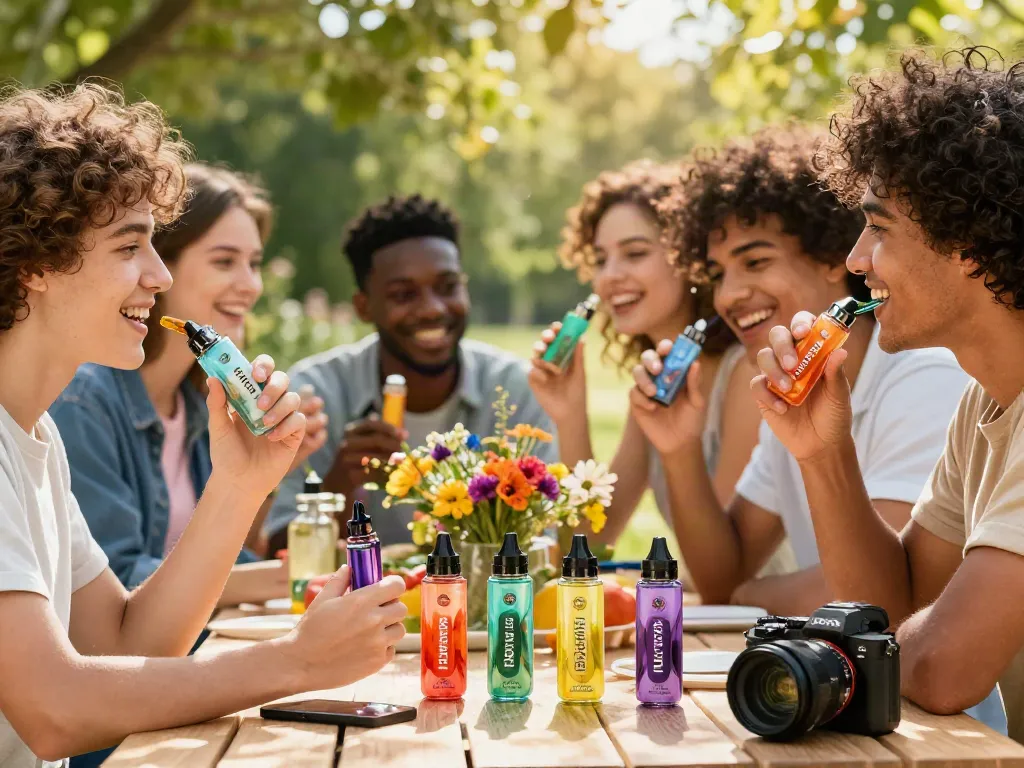 Outdoor gathering with friends enjoying alternativ ejuice flavors with vibrant vape devices.