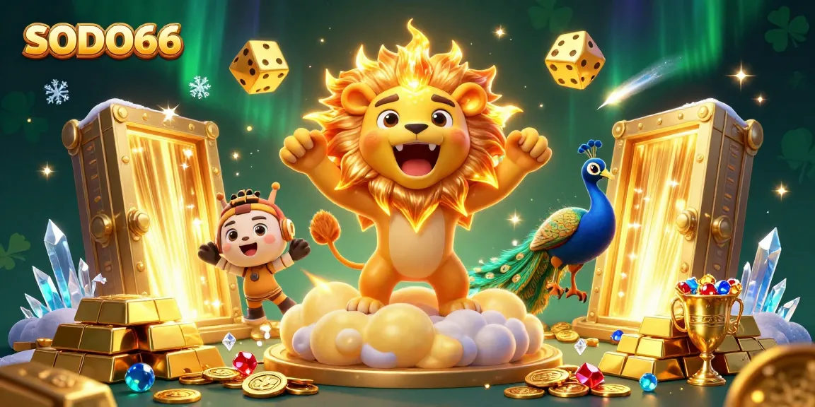 SODO66 players hit the jackpot with vibrant 3D illustration featuring golden treasures and lively casino elements.