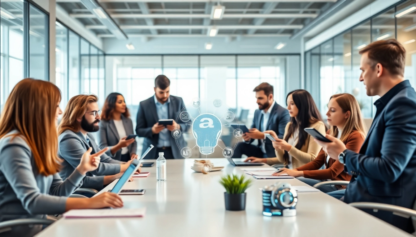 Team collaborating using AI tools to replace executive assistant with AI in a modern office setting.