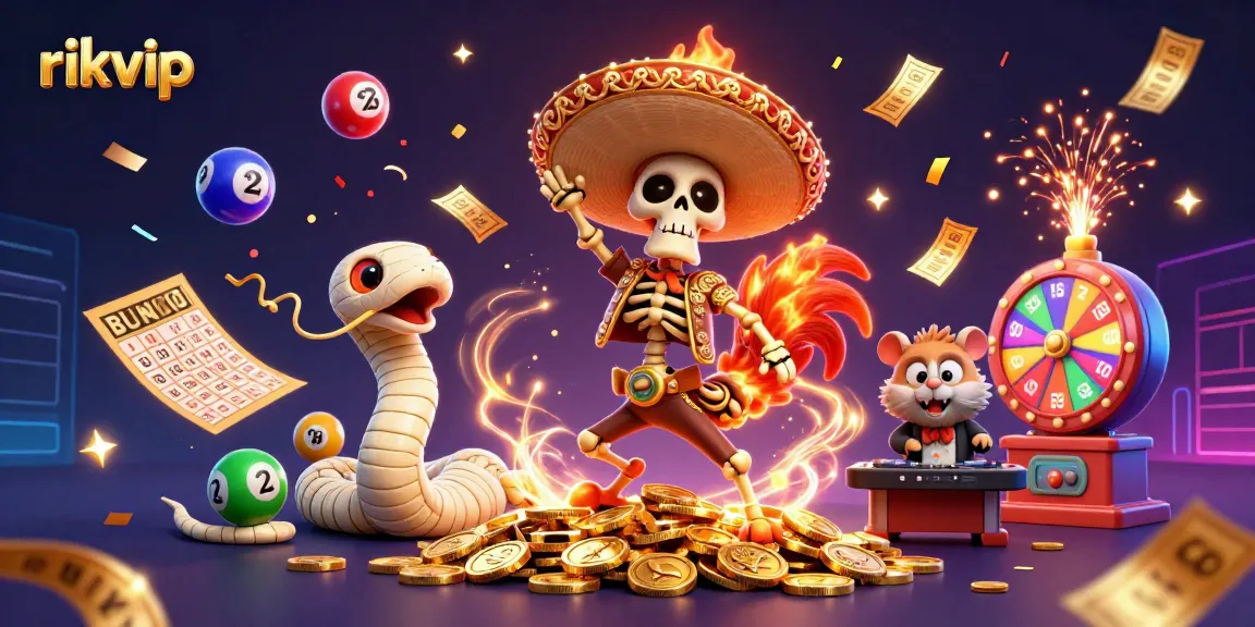 Experience the excitement of rikvip with a vibrant 3D illustration featuring a dancing rooster, mummy snake, and DJ hamster celebrating with prizes.