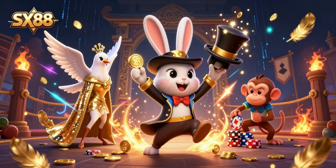 Experience thrilling gaming adventures with SX88 as a magician rabbit pulls coins from a hat in a vibrant casino scene.