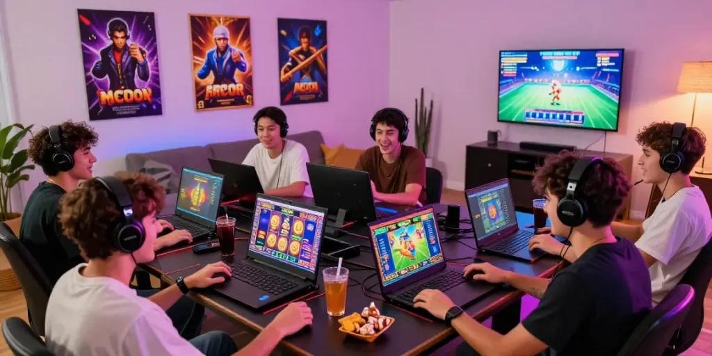 Players enjoying a lively slot gacor gaming session in a modern home setup, showcasing colorful interfaces and snacks.