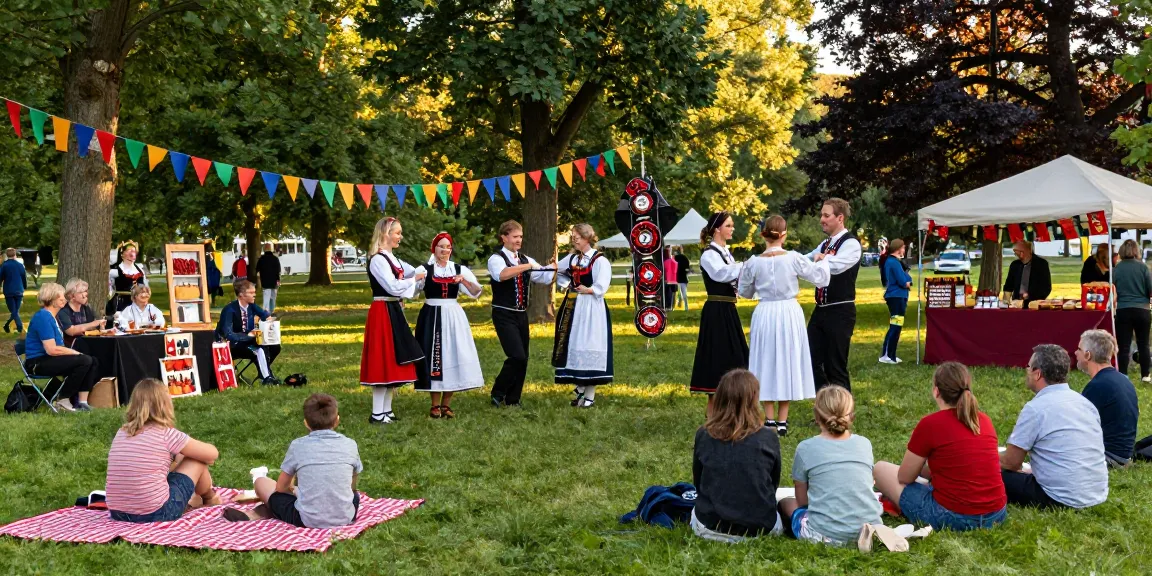Cultural celebration scene featuring traditional Breton performances with lively engagement, showcasing the essence of community spirit in the summer evenings, capturing the excitement of the event wi
