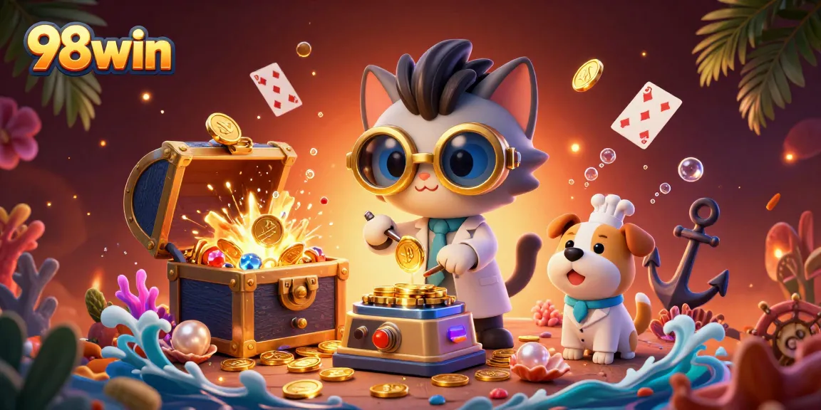 Experience the thrill of 98win with a vibrant casino-themed illustration featuring dynamic characters and exciting elements.