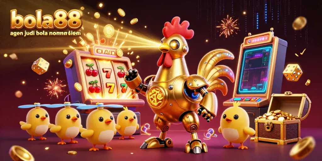 Bola88 agen judi bola nomor 1 di indonesia showcases a vibrant 3D casino scene with dynamic game elements and characters.