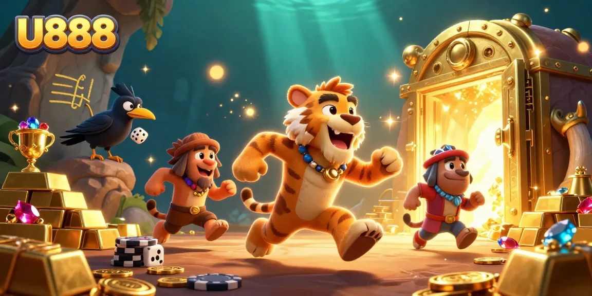 Experience thrilling gameplay at U888 with a prehistoric casino scene featuring unique characters and dazzling treasures.