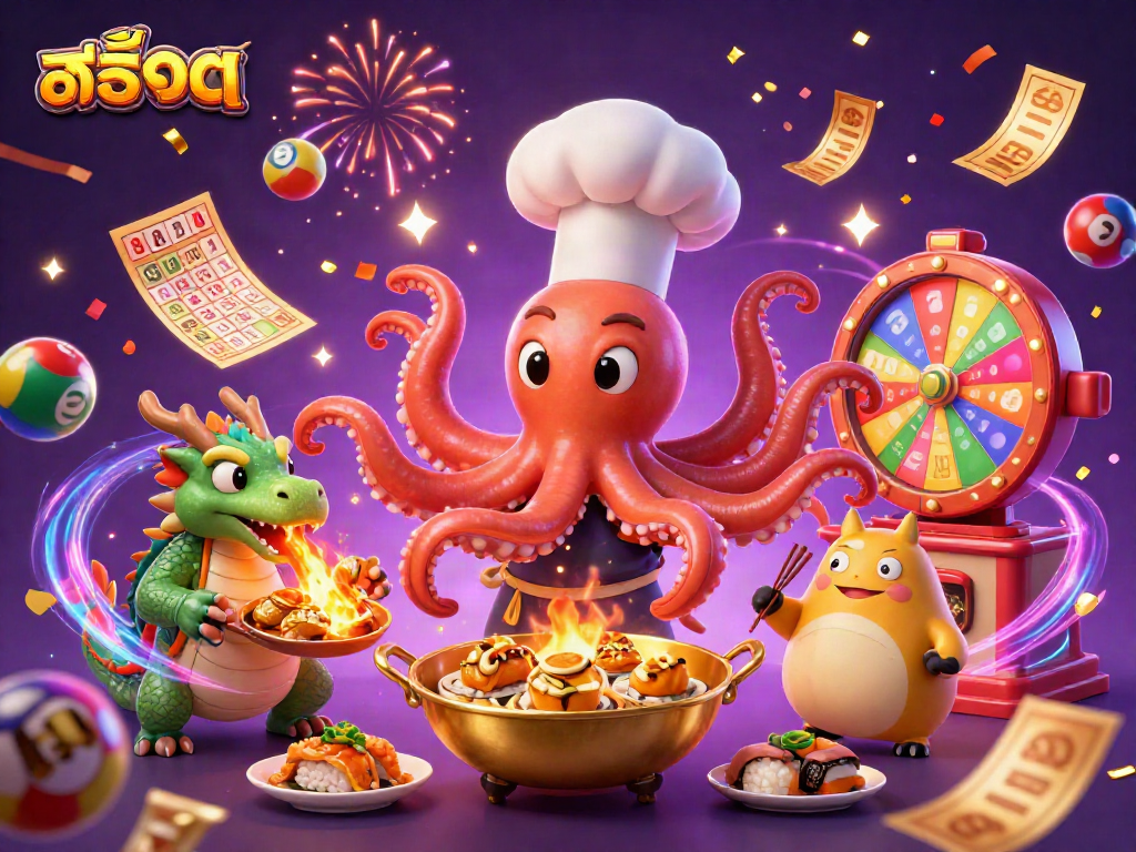 Experience the excitement of สล็อต with vibrant gaming elements and characters in a festive scene.