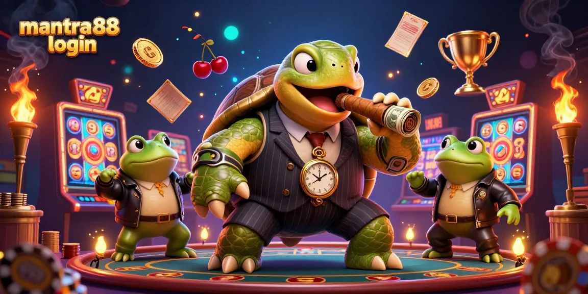 Engage with mantra88 login through an exciting casino scene featuring a mobster turtle and vibrant game elements.