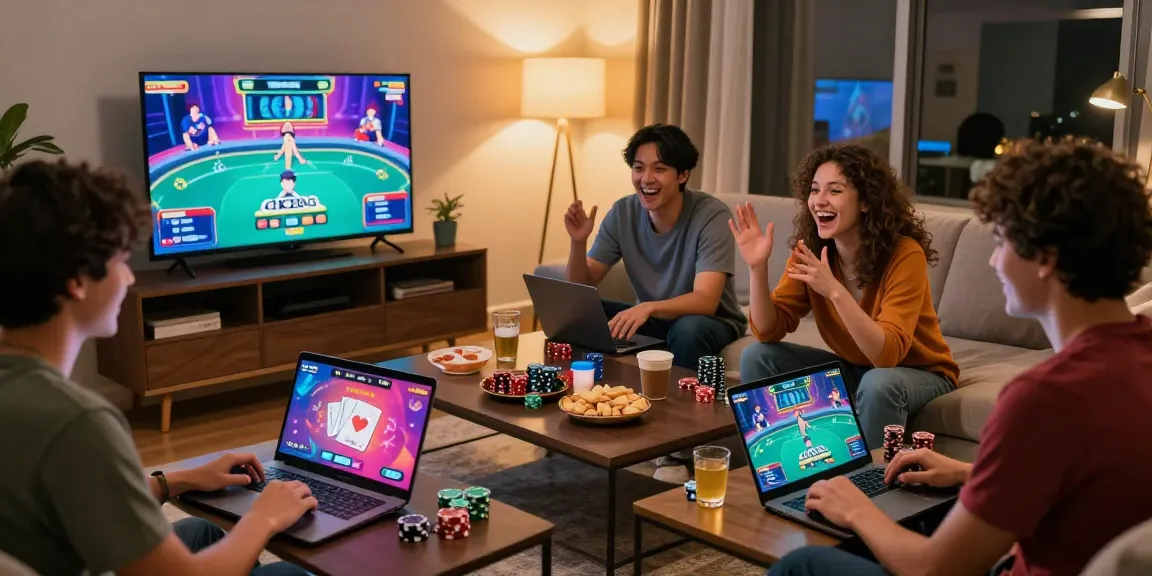 Friends enjoying a thrilling gaming night with Poker88's online platform, poker chips and cards on screen.