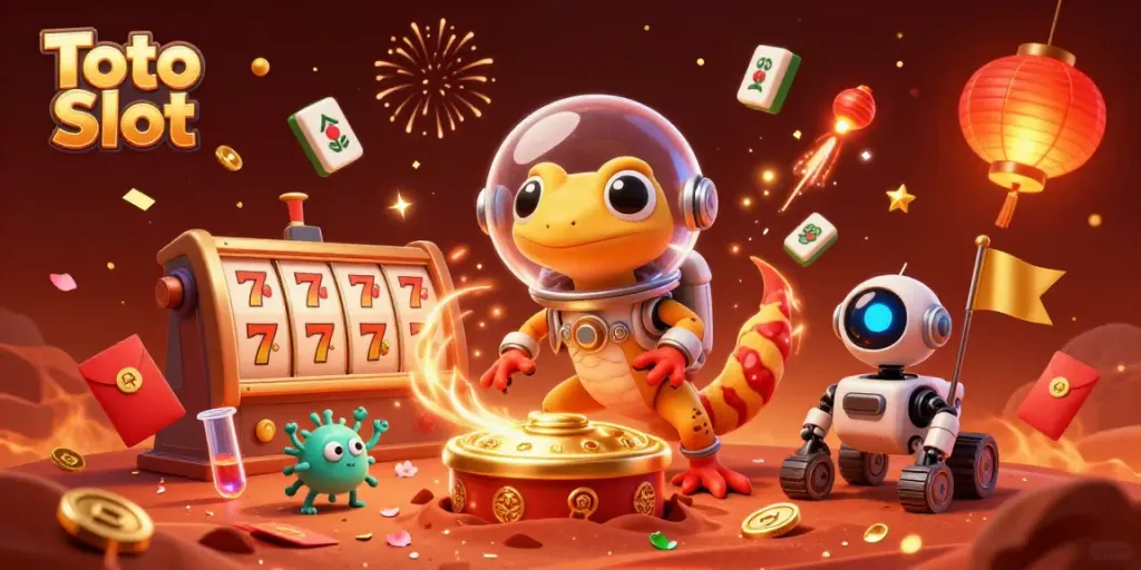 Menggali kasino emas di Mars dengan Toto Slot, dikelilingi oleh simbol keberuntungan.
